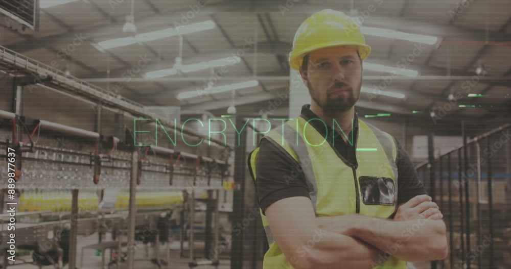 Poster encryption text image over factory worker in safety gear crossing arms