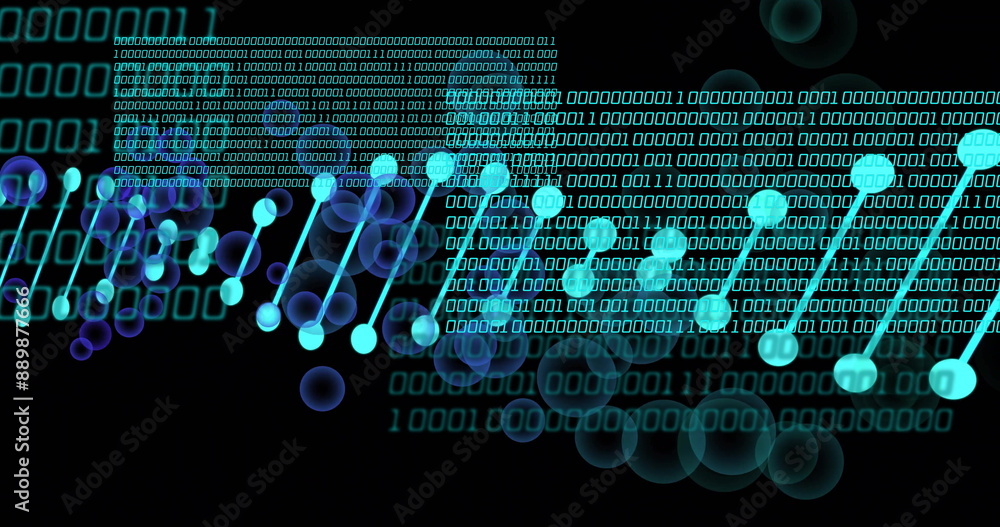 Poster image of dna strand with bubbles over data processing on black background