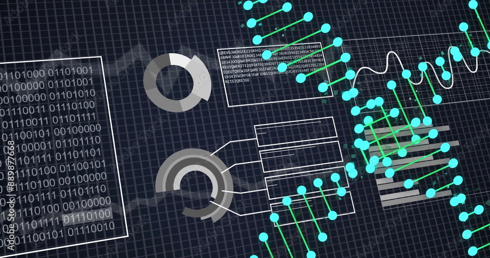 Poster image of dna strands over data processing on black background