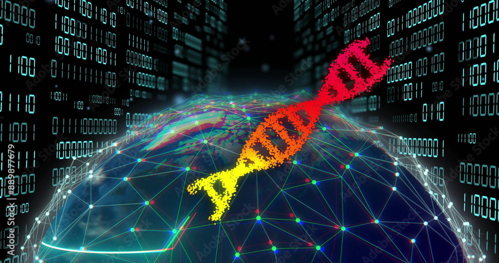 Aufkleber image of dna strands over globe of connections and data processing on black background