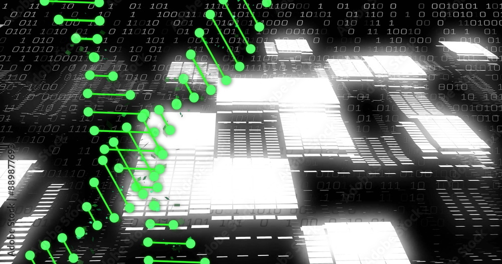Poster image of dna strands over data processing and shapes on black background