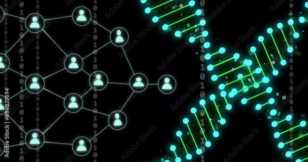 Poster image of dna strands and newtork of connections over data processing on black background