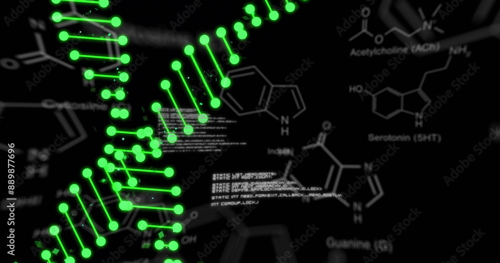 Poster image of dna strands over data processing and chemical formula on black background