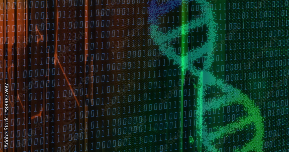 Poster image of dna strand over data processing and network of connections on black background