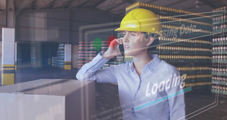 Talking on phone, woman in warehouse with data processing image over scene