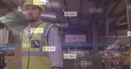 Social media interaction icons image over worker in industrial warehouse