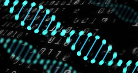Image of dna strands over data processing on black background