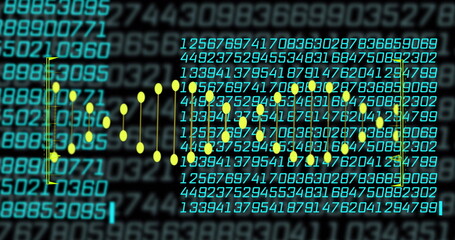 Image of dna strand over data processing on black background