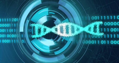 Image of dna strand over data processing and scope scanning on black background