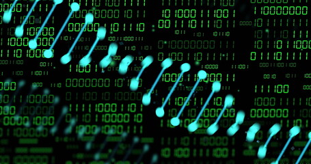 Image of dna strands over data processing on black background