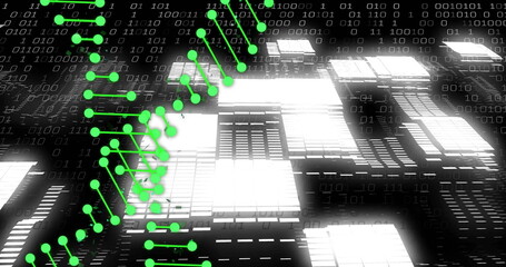 Image of dna strands over data processing and shapes on black background