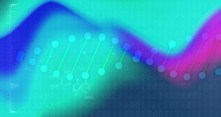 Image of dna strand over data processing on colourful background