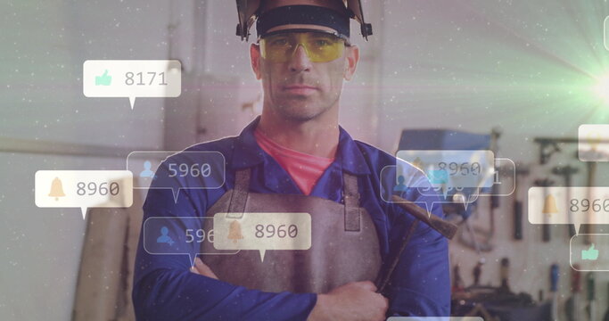 Social media likes and follower count image over industrial worker in workshop