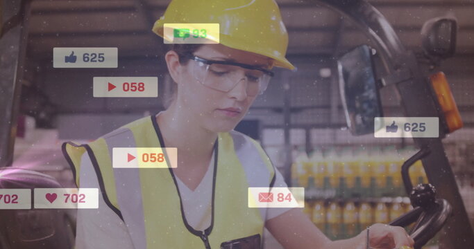 Social media notifications image over factory worker using handheld device