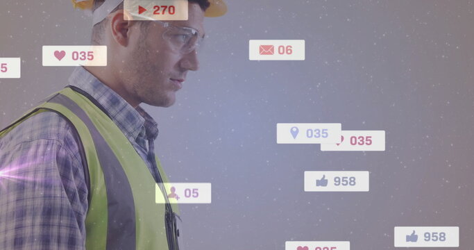 Using smartphone, construction worker surrounded by social media notifications image - Powered by Adobe