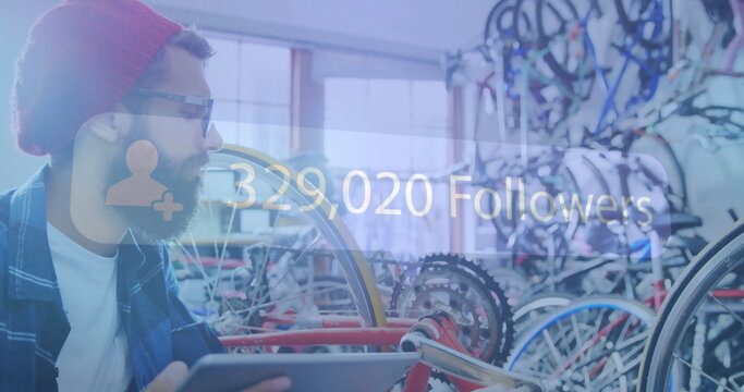 Man holding tablet in bicycle shop with 329,020 Followers image over