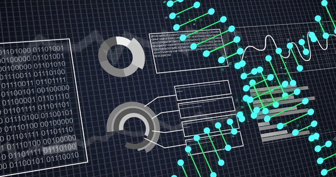 Image of dna strands over data processing on black background