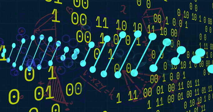 Image of dna strands over data processing and mathematical equations on black background
