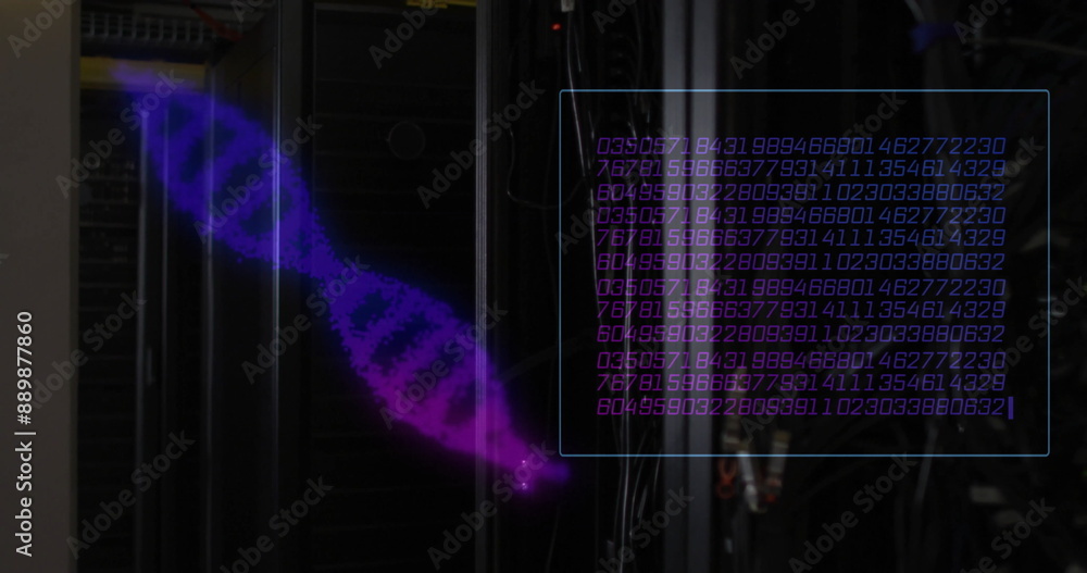 Poster image of dna strands and data processing over server room