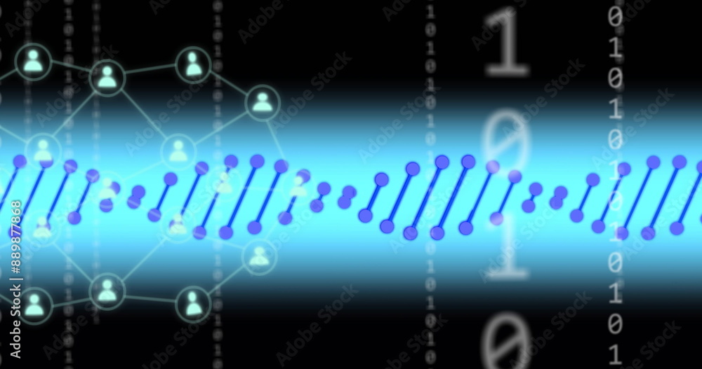 Poster image of dna strand over data processing and network of connections on black background