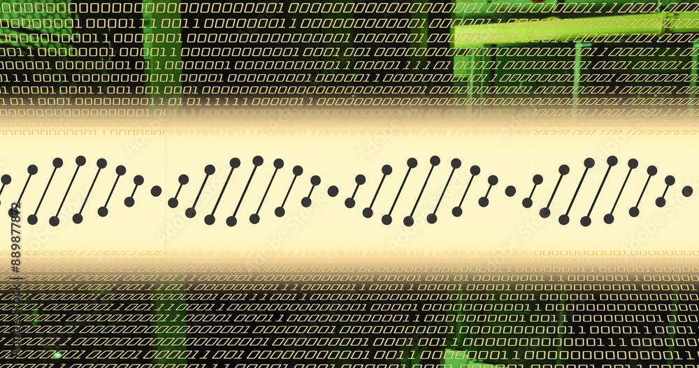Poster image of dna strand and data processing over server room