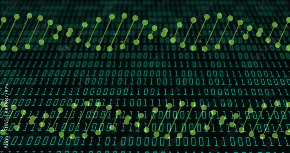 Poster image of dna strands over data processing on black background