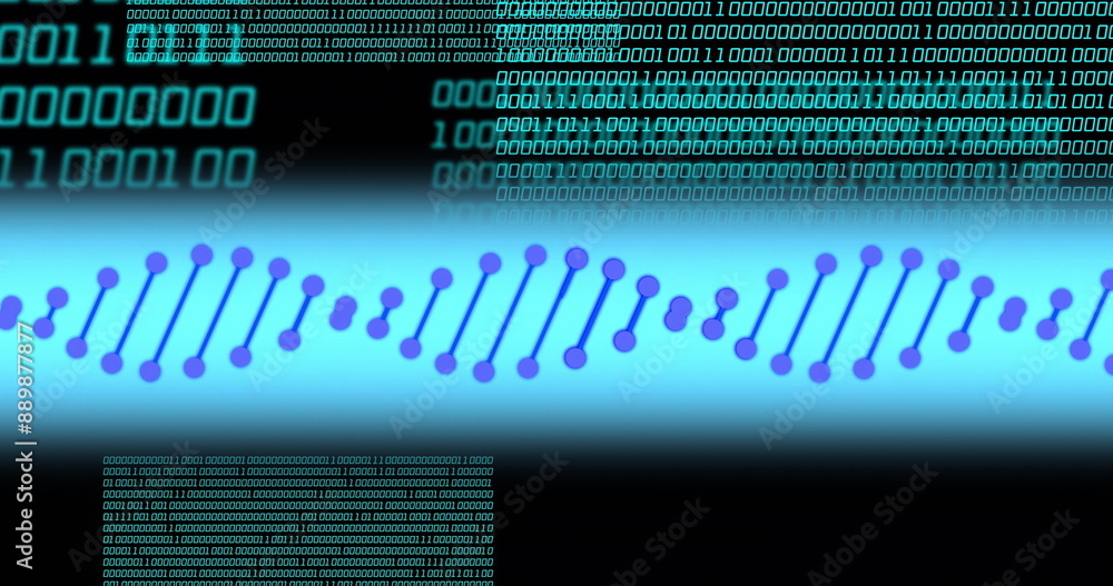 Poster image of dna strand over data processing on black background