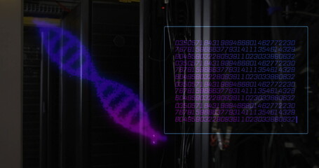 Image of dna strands and data processing over server room