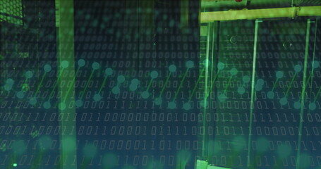 Image of dna strands and data processing over server room