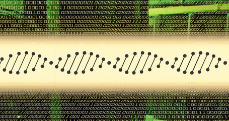 Image of dna strand and data processing over server room