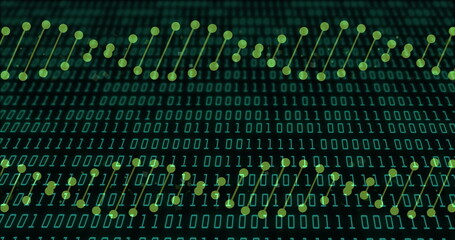 Image of dna strands over data processing on black background