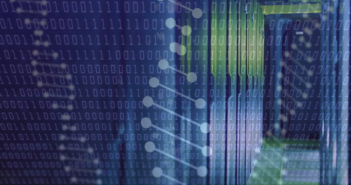 Image of dna strands and data processing over server room