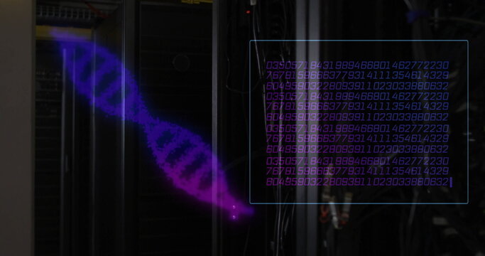 Image of dna strands and data processing over server room