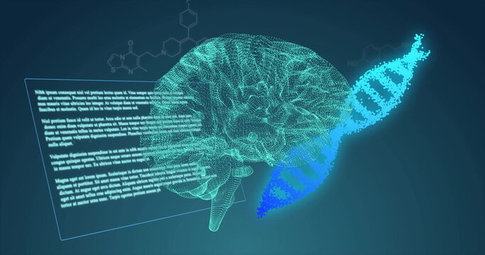 Image of dna strand and brain over data processing and chemical formula on black background