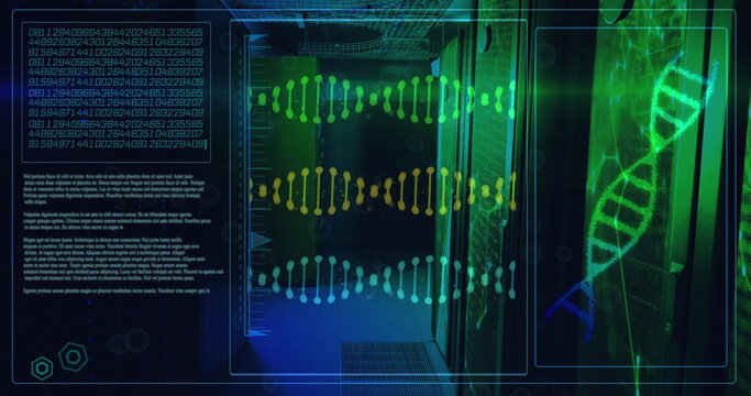 Image of dna strands and data processing over server room