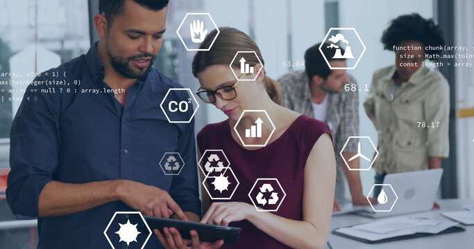 Image of data processing and ecology icons over diverse colleagues talking in office