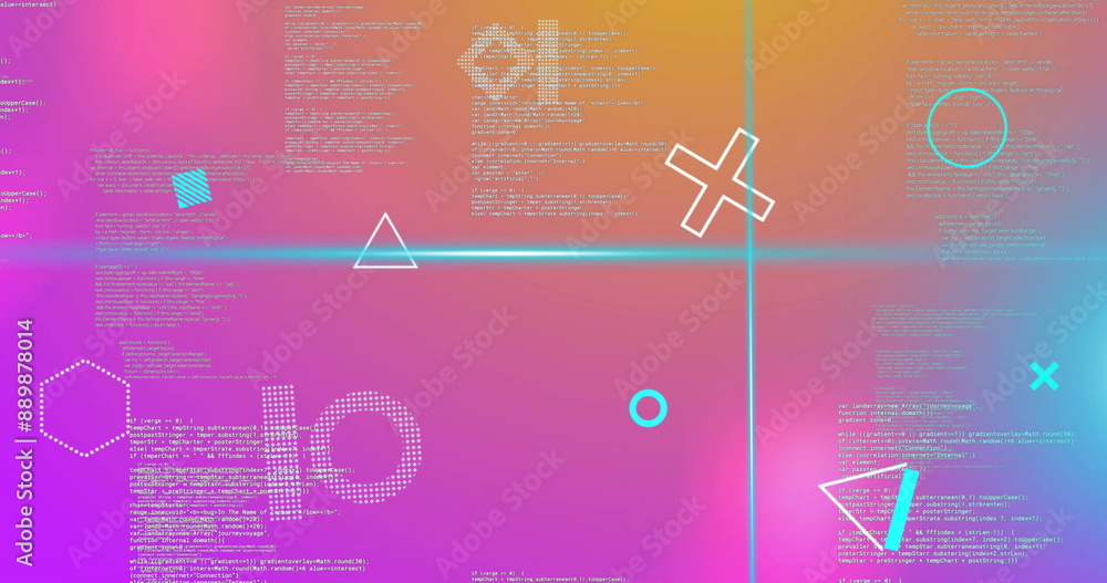 Poster image of shapes and blue scanner beams over data processing on soft pink and orange background