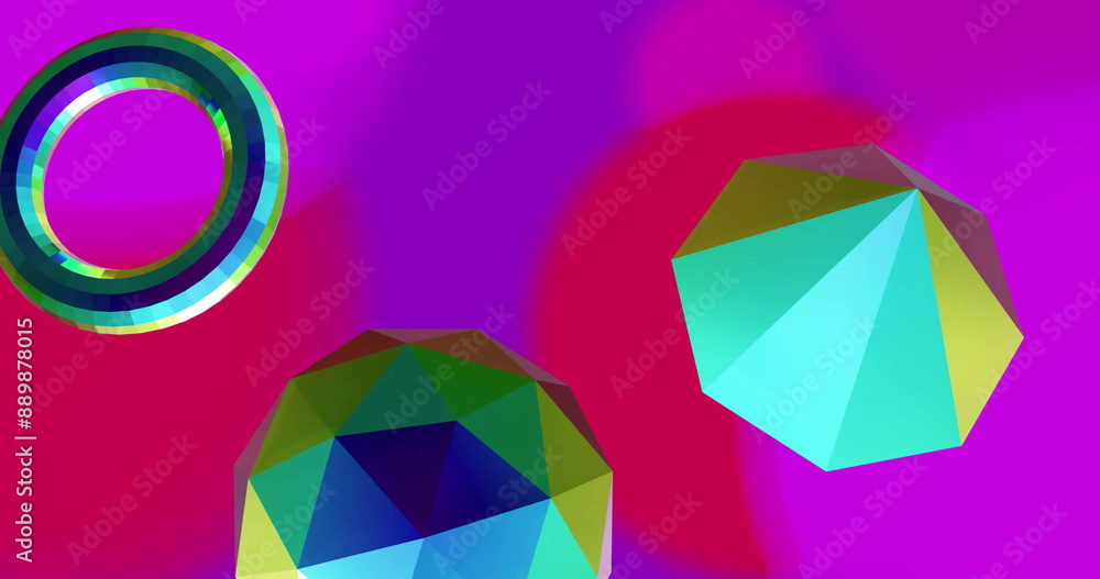 Poster image of reflective colourful metallic 3d shapes rotating on soft purple and red background