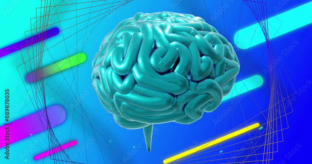 Poster image of rotating blue brain over colourful shapes and 3d network structure on blue