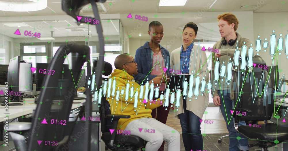 Poster image of green graph and data processing over diverse colleagues talking at casual meeting