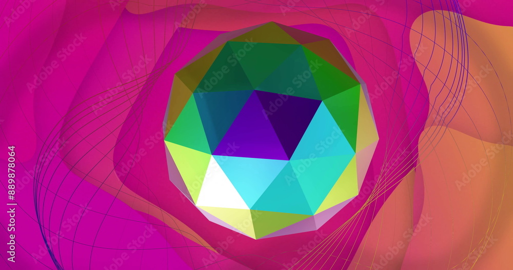 Poster image of reflective metallic 3d multi faceted ball rotating over network on pink background