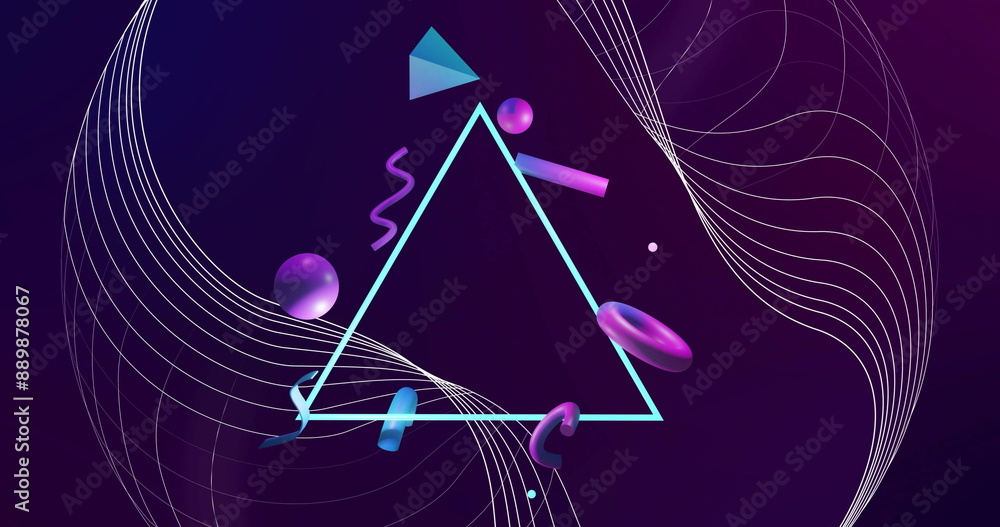 Poster image of network lines and 3d blue and purple shapes rotating over triangle on dark background