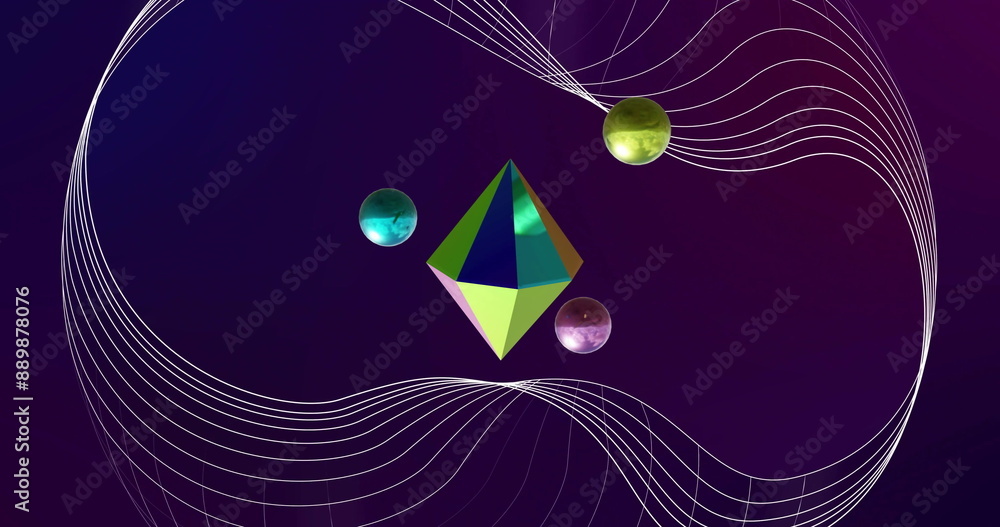 Aufkleber image of network lines over metallic 3d spheres and diamond rotating on dark background