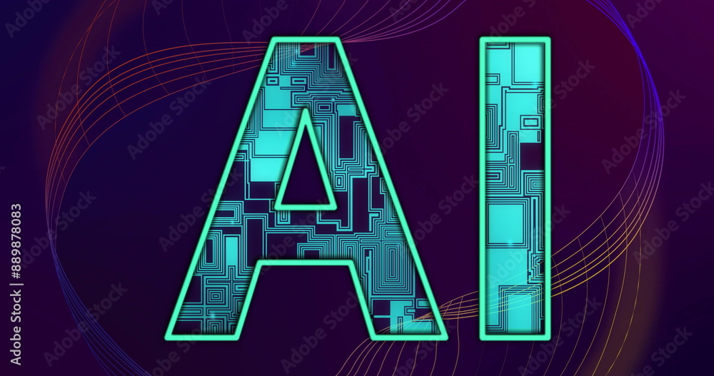 Poster image of processing motherboard in ai text and 3d network on dark background
