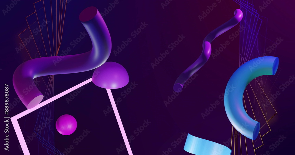 Poster image of 3d blue and purple shapes rotating over pink frame and network lines on dark background