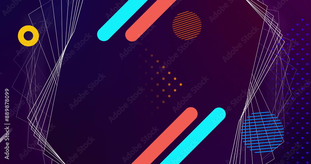Poster image of red and blue lines and shapes moving over white 3d network structure on dark background