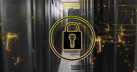 Image of padlock with connections over server room