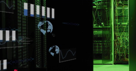 Image of data processing and diagrams with globes over server room