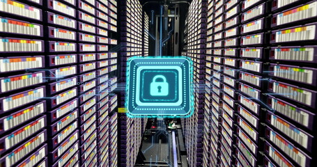 Image of padlock with connections over server room