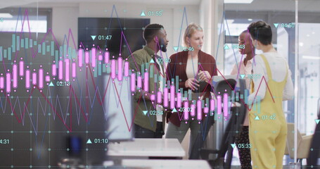 Image of graphs processing data over diverse colleagues in discussion at casual office